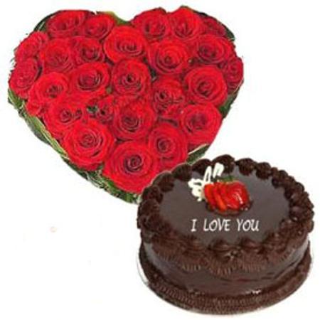 Heart Shaped Arrangement of 24 Red Roses and 1 kg Chocolate Cake product897